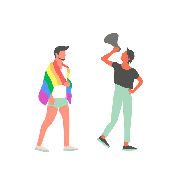 Personas con una bandera y un megáfono en el desfile LGBT. Personaje de dibujos animados de la comunidad LGBTQ. Ilustración vectorial. — Archivo Imágenes Vectoriales