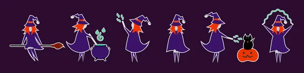 Conjunto de adesivos de bruxa em pose diferente para o Halloween. Fantasia para mascarada. Bonito ilustração vetorial plana em fundo isolado. — Vetor de Stock