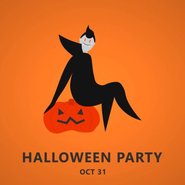 Cadılar Bayramı partisi davetiyesi ya da Dracula ve balkabaklı tebrik kartı. Vektör illüstrasyonunda düz tasarım. EPS 10