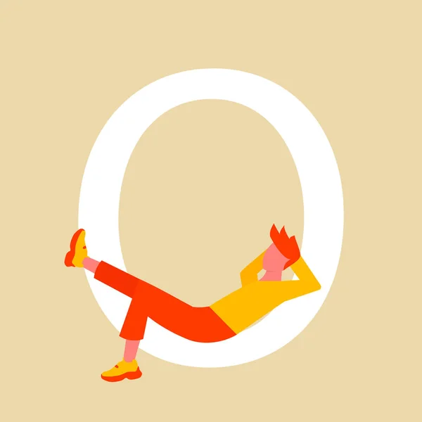 Un homme repose allongé sur un grand la lettre O. Caractère de dessin animé plat avec une lettre majuscule. Illustration vectorielle. Eps 10 — Image vectorielle