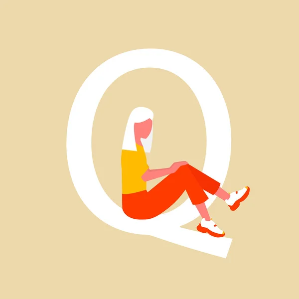 La femme élégante s'assoit sur une grande lettre Q. Un personnage de dessin animé plat avec une lettre majuscule. Illustration vectorielle. Eps 10. — Image vectorielle