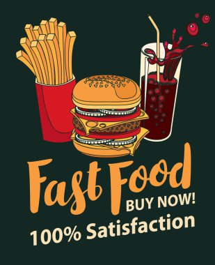 Hamburger, patates kızartması ve kola retro tarzı fast food için vektör banner. Pop art resimde siyah arka plan üzerinde el yazısı yazıt ile. Fast food, sağlıklı ve sağlıksız gıda