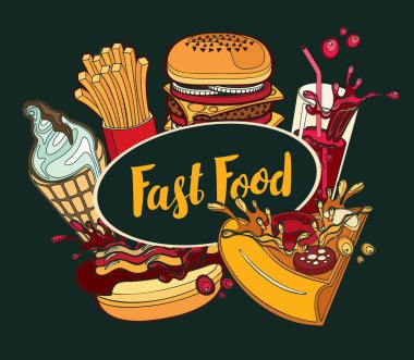 Fast food menü dondurma, cola, hamburger, pizza, kızarmış patates ve hotdog retro tarzı ile vektör kapak. El yazısı yazıt ile illüstrasyon karikatür. Fast food, sağlıklı ve sağlıksız gıda