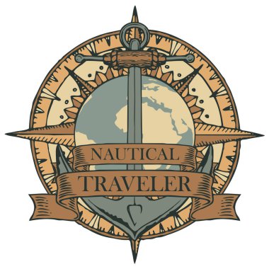 Gezgin Retro afiş ile bir gemi çapa, Rüzgar gülü, Dünya gezegeni ve kurdeleler deniz, kelimelerle. Seyahat, macera ve keşif beyaz arka plan üzerinde vektör çizim Tema