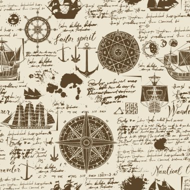 Vektör sorunsuz arka plan Tema seyahat, macera ve keşif. Caravels, Rüzgar gülü, çapa ve diğer deniz sembolleri ile eski el yazması engelliyor ve vintage tarzı lekeleri