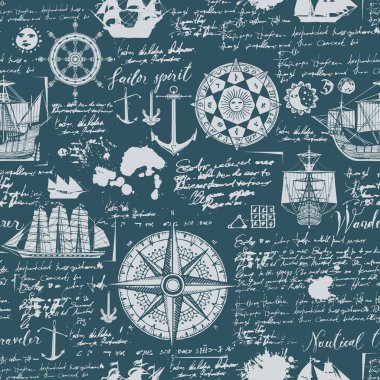 Vektör sorunsuz arka plan Tema seyahat, macera ve keşif. Caravels, Rüzgar gülü, çapa ve diğer deniz sembolleri ile eski el yazması engelliyor ve vintage tarzı lekeleri