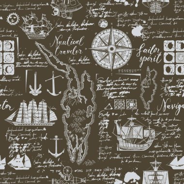 Vektör sorunsuz arka plan Tema seyahat, macera ve keşif. Caravels, Rüzgar gülü, çapa ve diğer deniz sembolleri ile eski el yazması engelliyor ve vintage tarzı lekeleri