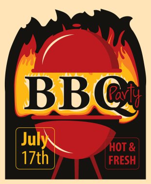 Vektör afiş Barbekü partisi yangın Barbekü ızgara ve retro tarzı yazıtlar için