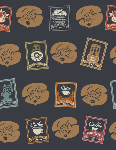 切手とレトロなスタイルで黒の背景にコーヒー 喫茶店の主題に手書きの碑文とシームレスなパターンをベクトル 壁紙や包装紙として使用することができます — ストックベクタ