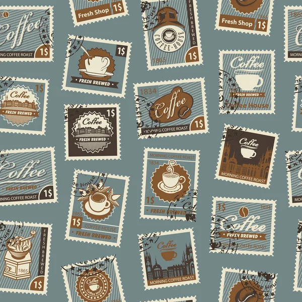 Retro Postzegels Naadloze Achtergrond Vector Naadloze Patroon Koffie Koffie Huis — Stockvector