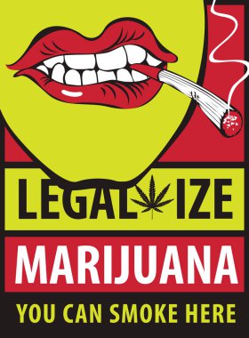 Kelime Legalize esrar esrar veya ağzına bir sigara ile insan ağzı ile vektör banner. Sigara ot. Uyuşturucu tüketimini