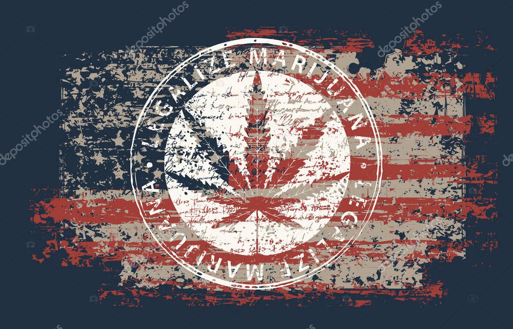 Vector banner for legalize marijuana with hemp leaf on abstract background of american flag in grunge style. Natural product made from organic hemp. Smoking weed. Medical cannabis logo