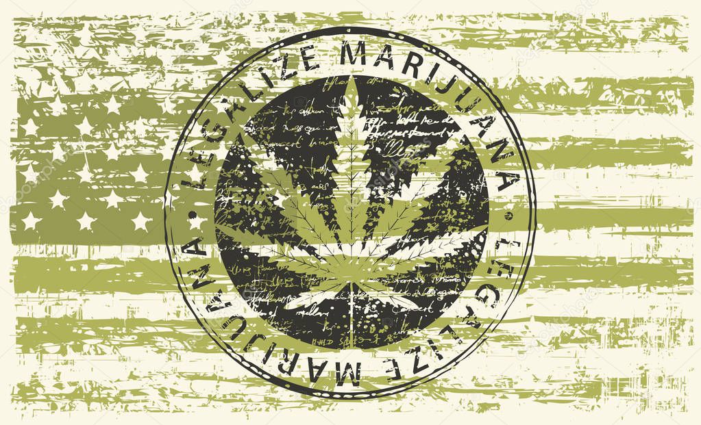 Vector banner for legalize marijuana with hemp leaf on abstract background of american flag in grunge style. Natural product made from organic hemp. Smoking weed. Medical cannabis logo