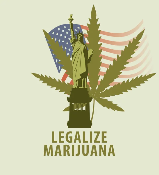 Vector Banner Legalize Marijuana Hemp Leaf Statue Liberty Background American — Stock Vector