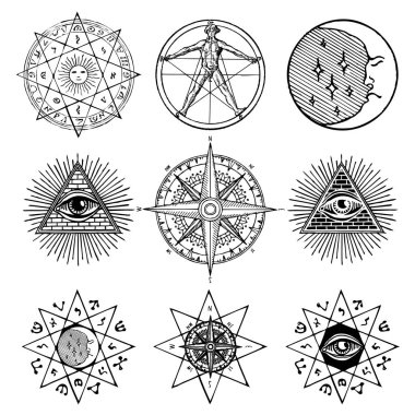 Vektör simgeler ve semboller simya, mistik, ezoterik, din, Masonlar beyaz arka plan üzerinde beyaz büyü, gizli, tema üzerinde ayarlayın. Dövme ya da t-shirt tasarımı için kullanılabilir