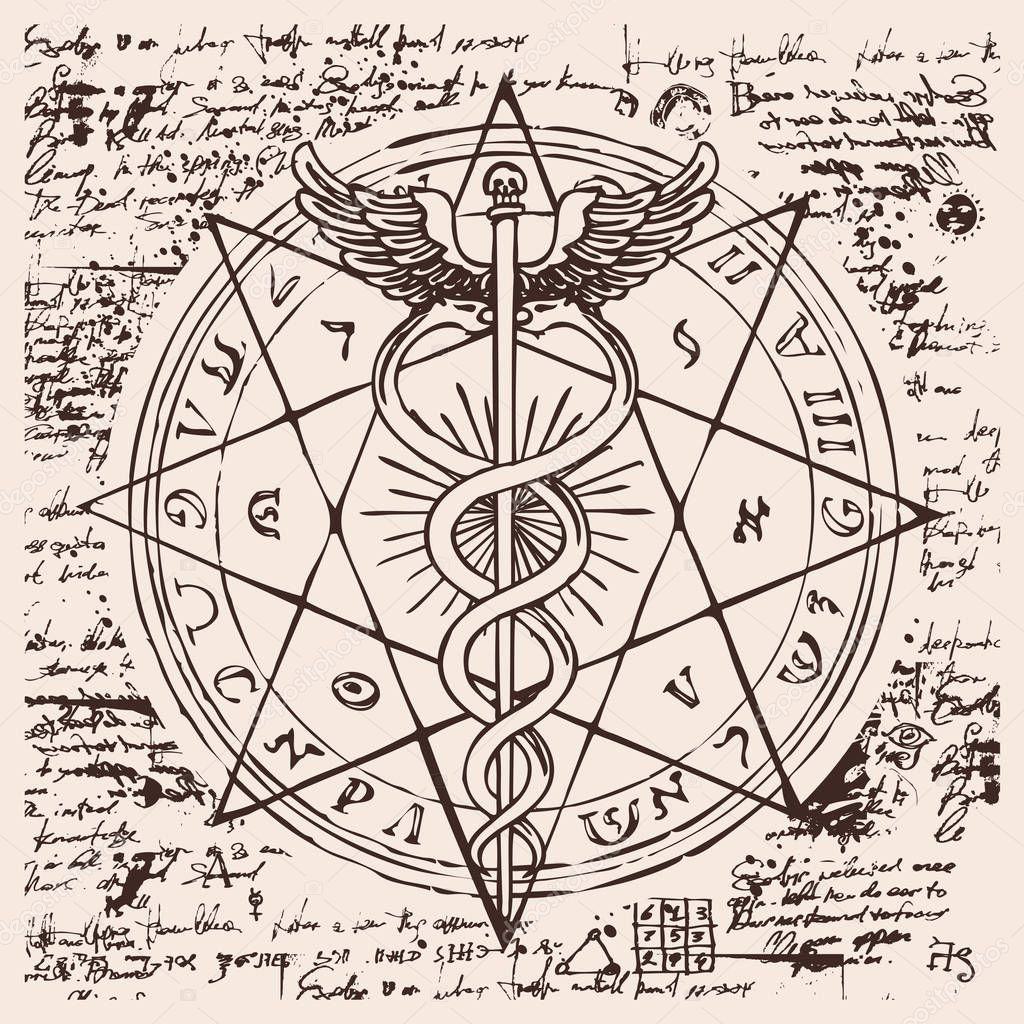 Vector banner with a hand drawn illustration of a Caduceus with an octagonal star. The staff of Hermes with two snakes with wings against the background of an old illegible manuscript. Medical symbol