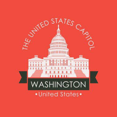 Vektör seyahat banner veya logo. Bize Washington Dc, ABD Ulusal Capitol. Kırmızı zemin üzerine retro tarzı Amerikan dönüm noktası. Capitol Batı cephe