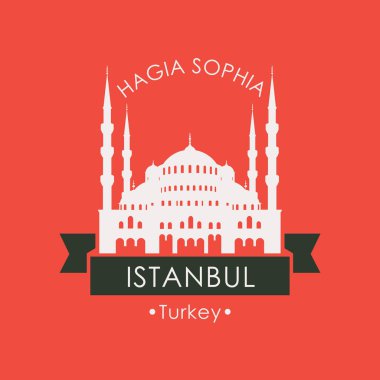 Vektör seyahat banner veya logo. Ünlü Camii ve Ayasofya Müzesi, Istanbul, Türkiye. Kırmızı zemin üzerine retro tarzı Türk dönüm noktası