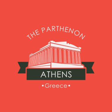 Vektör seyahat banner veya logo. Atina, Akropolis, Yunanistan üzerinden ünlü Parthenon. Yunan antik tarihi bölge kırmızı zemin üzerine retro tarzı