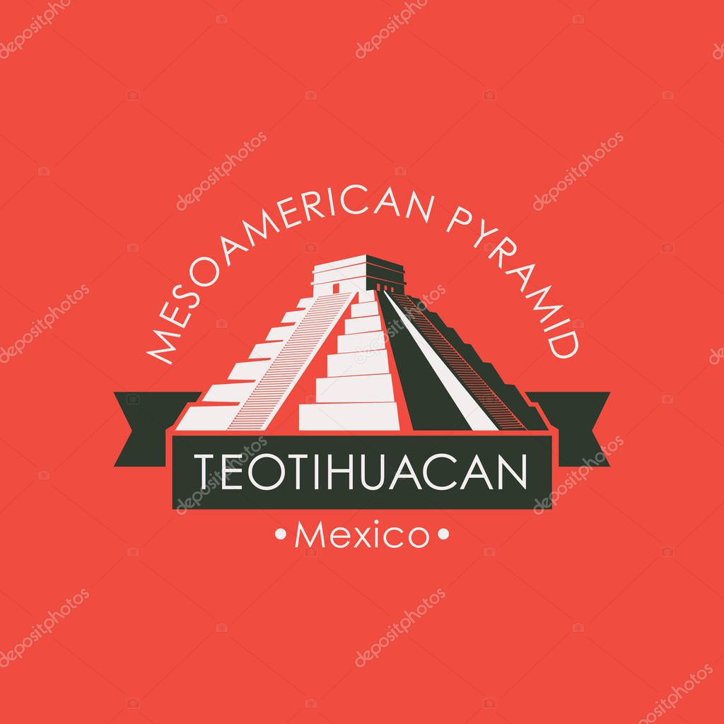 Vector travel illustration, banner or icon. The teotihuacan pyramids in Mexico, North America. Ancient stepped pyramids with temples on top. Mesoamerican architectural landmark