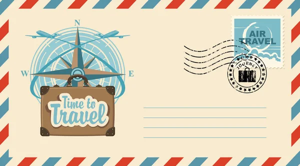 邮政信封与邮票和橡皮戳 插图在旅行的主题与手提箱 乘客飞机反对的背景罗盘风上升和题字时间旅行 — 图库矢量图片