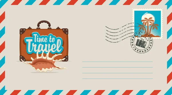 Postal Envelope Stamp Rubber Stamp Illustration Theme Travel Suitcase Seashell — Stock Vector