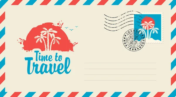 Sobre Postal Con Sello Sello Goma Ilustración Sobre Tema Viajar — Vector de stock