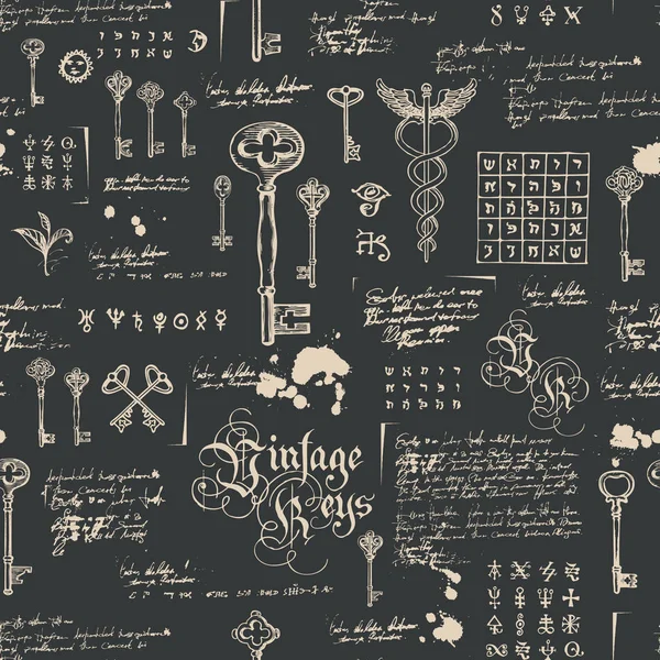 Vektor Vzor Bezešvé Vintage Klíče Nápisy Ručně Kreslené Ilustrace Tapeta — Stockový vektor