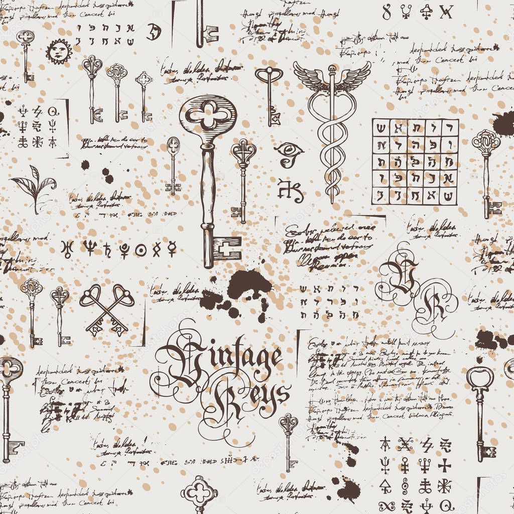 Vector seamless pattern with vintage keys and lettering. Hand drawn illustration. Wallpaper, wrapping paper or background for clothes. Medieval manuscript with sketches, blots and spots in retro style