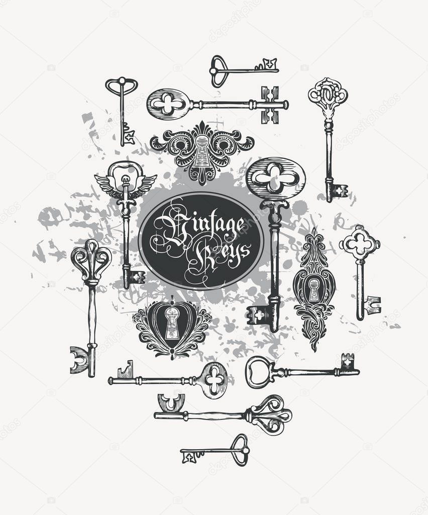 Vector banner with vintage keys, keyholes and lettering in retro style. Gothic font. Hand drawn illustration on abstract background with spots and blots