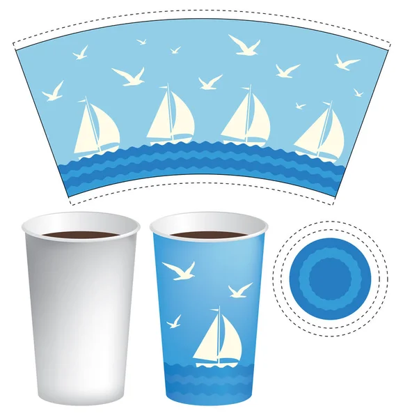 矢量模板纸杯热饮帆船在大海与天空中海鸥 — 图库矢量图片
