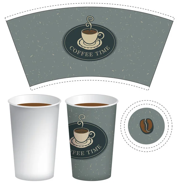 ベクトル テンプレート紙コップ コーヒーの言葉時間と段ボールのテクスチャと灰色の背景にコーヒー カップでホットド リンクの — ストックベクタ