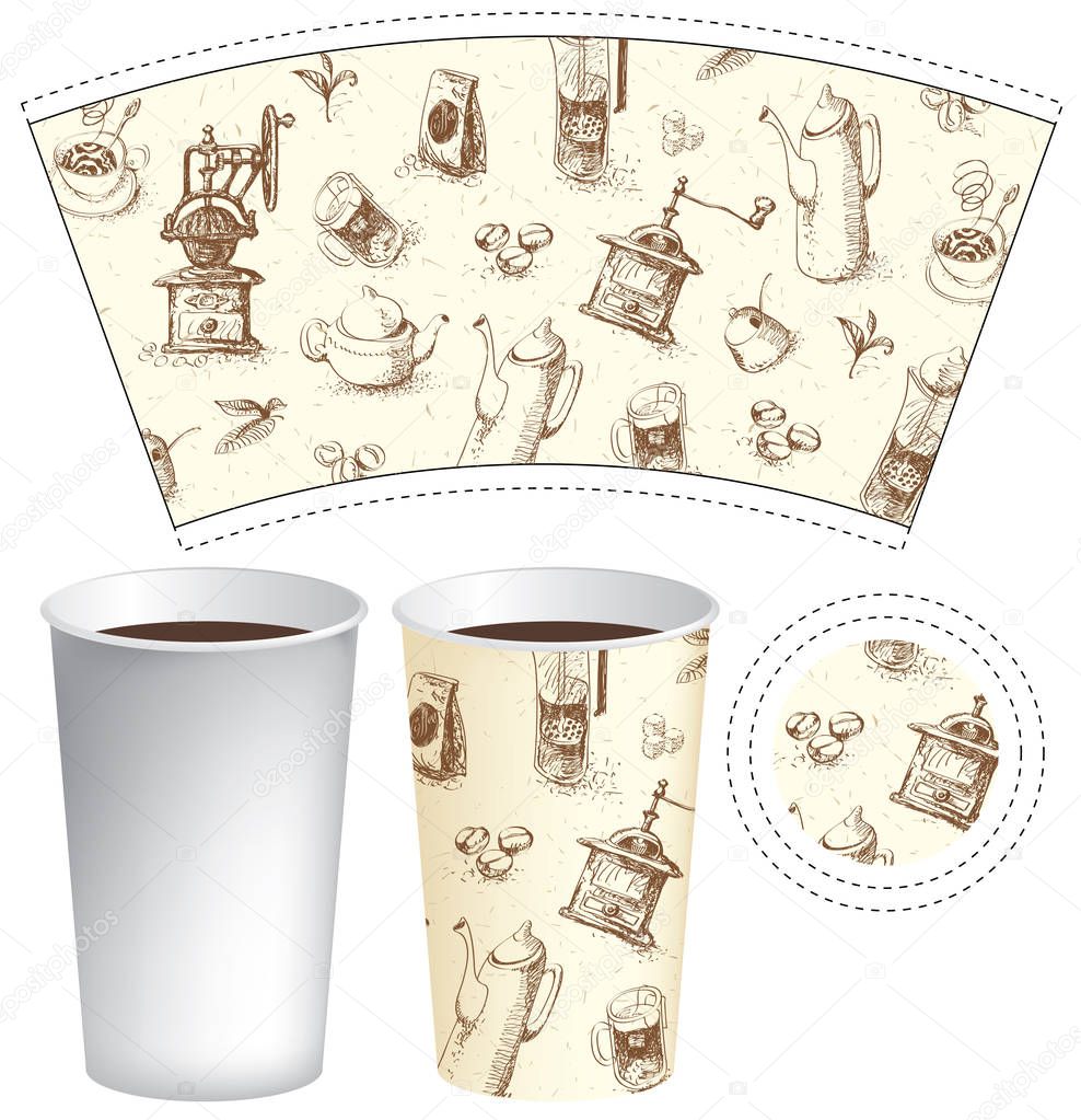 Vector paper Cup template for hot drinks with drawings of teapots, cups, coffee grinders and other doodles on tea and coffee theme in retro style