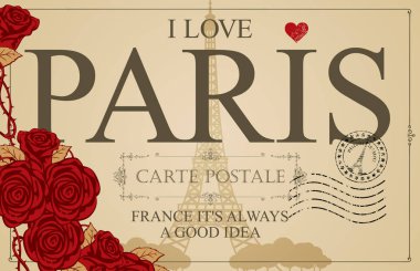 Retro kartpostal ünlü Fransız Eyfel Kulesi Paris, Fransa. Vektör kartpostal Paris, Fransız Simgesel Yapı, kırmızı kalp ve gül ve lastik damgası sevdiğimi kelimelerle vintage tarzı