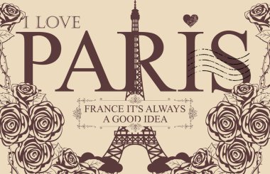 Retro kartpostal ünlü Fransız Eyfel Kulesi Paris, Fransa. Vektör kartpostal Paris, Fransız Simgesel Yapı, kalp, gül ve lastik damgası sevdiğimi kelimelerle vintage tarzı