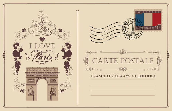 法国巴黎著名凯旋拱门的复古明信片 在复古风格的矢量明信片与法国地标 橡皮戳和文字我爱巴黎 — 图库矢量图片