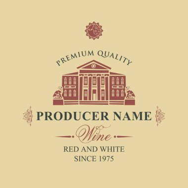 Kırmızı ve beyaz şarap ile eski bir bina görüntü retro tarzı aslan heykelleri ile vektör etiket