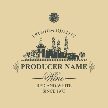 Kaligrafi yazıt, üzüm bağları ve bej renkli arka plan üzerinde retro tarzı Avrupa Köyü manzara vektör şarap etiketle