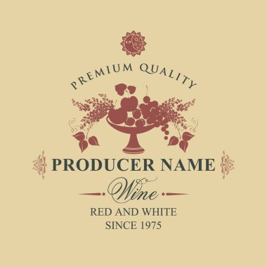 Bir kase meyve, çilek ve leylak retro tarzı bej renkli arka plan üzerinde şarap için vektör etiket