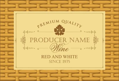 Kaligrafi yazıt ve retro tarzı üzüm yaprağı ile sepet arka plan karede vektör şarap etiketinde