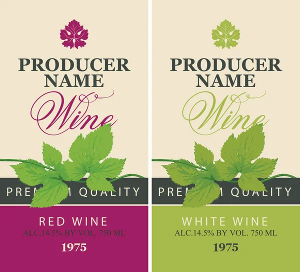 Set Dos Etiquetas Vectoriales Para Vino Tinto Blanco Con Hojas — Vector de stock