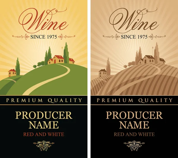 Ensemble Vectoriel Étiquettes Pour Vin Rouge Blanc Avec Paysage Vignes — Image vectorielle