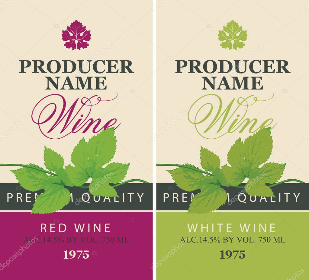 Set of two vector labels for red and white wine with green vine leaves, grapevine and calligraphic inscriptions in retro style