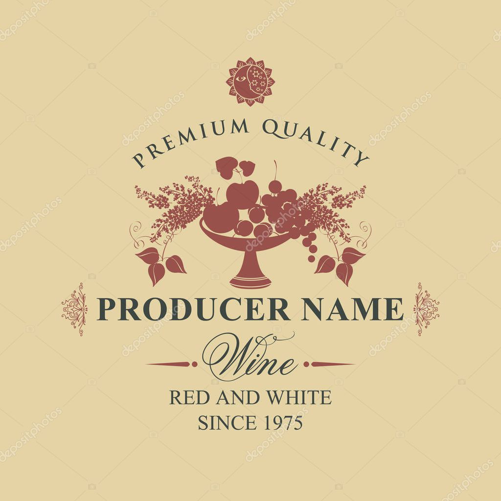 Vector label for wine with a bowl of fruit, berries and lilac on beige background in retro style