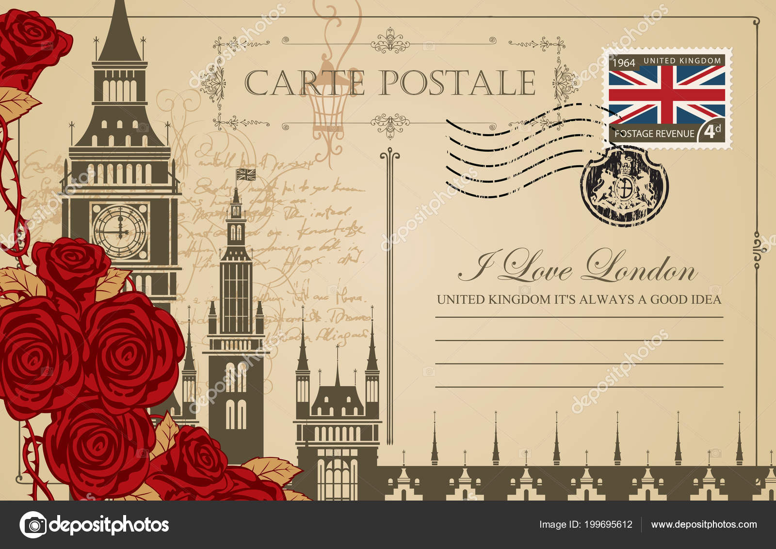 Retro Postcard Big Ben London Palace Westminster Romantic Vector