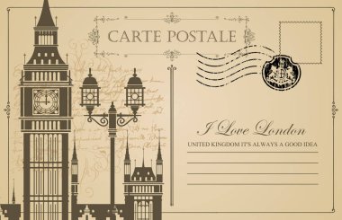 Retro Kartpostal Londra, İngiltere'de Big Ben ile. Vintage vektör kartpostal metin için yer ile Londra ve lastik damgası Kraliyet armasının üzerinde özet şeklinde aşk sözcükleri eski el yazması arka plan