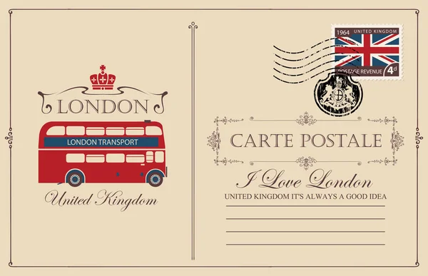 Postal Retro Con Doble Piso Londres Tarjeta Postal Vectorial Estilo — Vector de stock