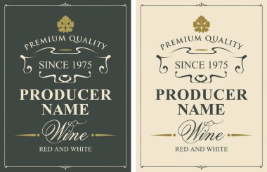 Asma yaprağı ve retro tarzı kaligrafi yazıtlar içeren iki vektör şarap etiketleri kümesi