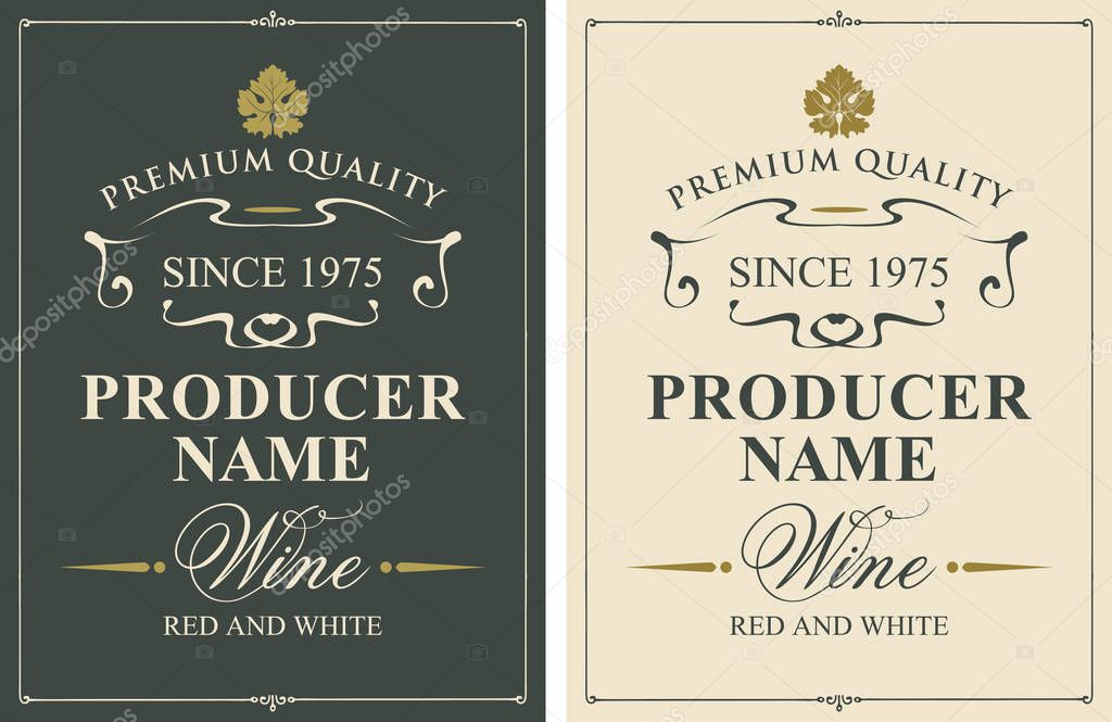 Set of two vector wine labels with vine leaves and calligraphic inscriptions in retro style