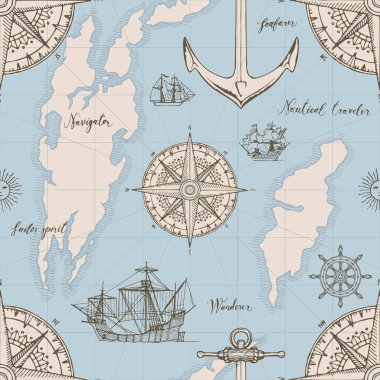 Vektör sorunsuz arka plan Tema seyahat, macera ve keşif. Caravels, vintage Yelkenli Yatlar, rüzgar gülleri, çapa ve retro tarzı el yazısı yazıtlar ile eski harita